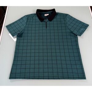 Open Edit Polo Shirt Mens XL Teal w/Grid Pattern 1/4 Zip Short Sleeve casual